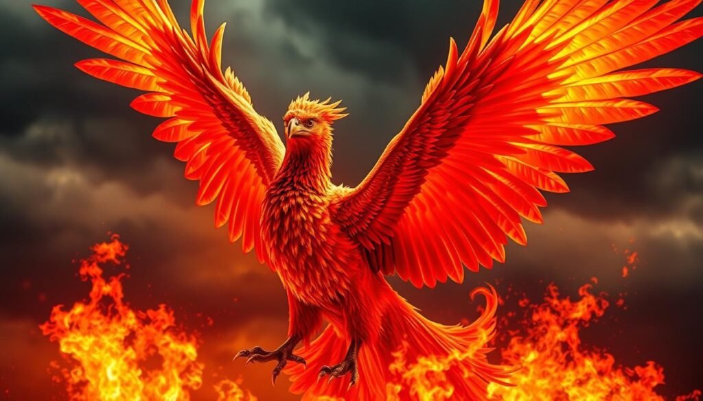 Majestic phoenix rising from the flames, its vibrant crimson and golden feathers shimmering in the warm, dramatic lighting. The mythical bird takes flight, spreading its magnificent wings against a stormy, cinematic sky. The phoenix's intense gaze radiates power and resilience, embodying the timeless tales of renewal and rebirth. Detailed textures and lifelike features bring this legendary creature to vivid, awe-inspiring life. Capture the essence of the phoenix's symbolic journey through a cinematic, visually stunning composition.
