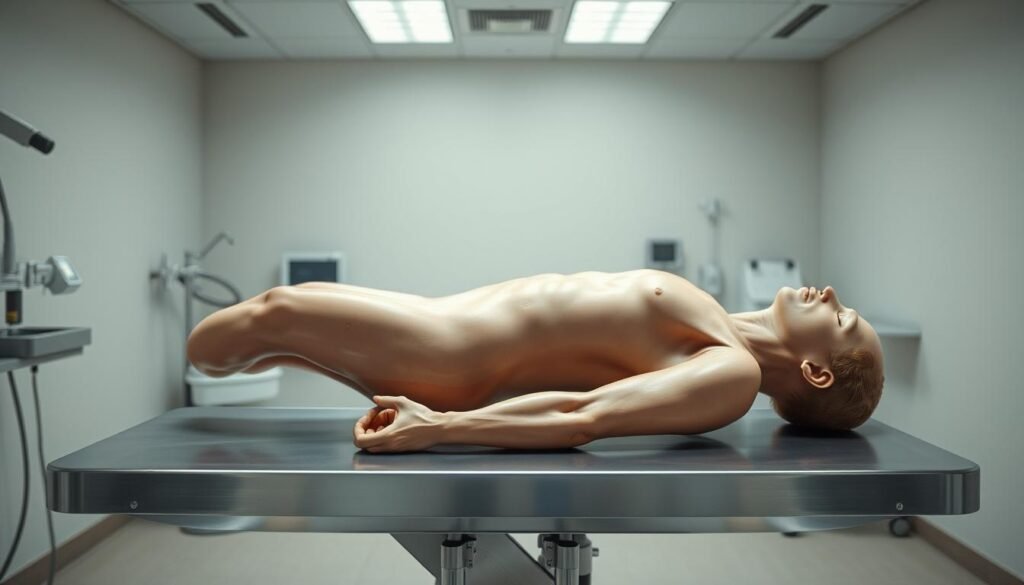 a high-detailed, photorealistic image of a human body being prepared for embalming, with a calm, clinical atmosphere. the body is lying on a metal examination table in a clean, well-lit medical room. the body is displayed in an anatomical position, with the limbs carefully positioned. the skin has been cleaned and disinfected, ready for the embalming process. the room is filled with medical equipment and supplies, creating a sense of professionalism and care. the lighting is soft and even, highlighting the form of the body. the overall mood is one of solemn reverence and attention to detail, reflecting the importance of properly preparing the deceased.