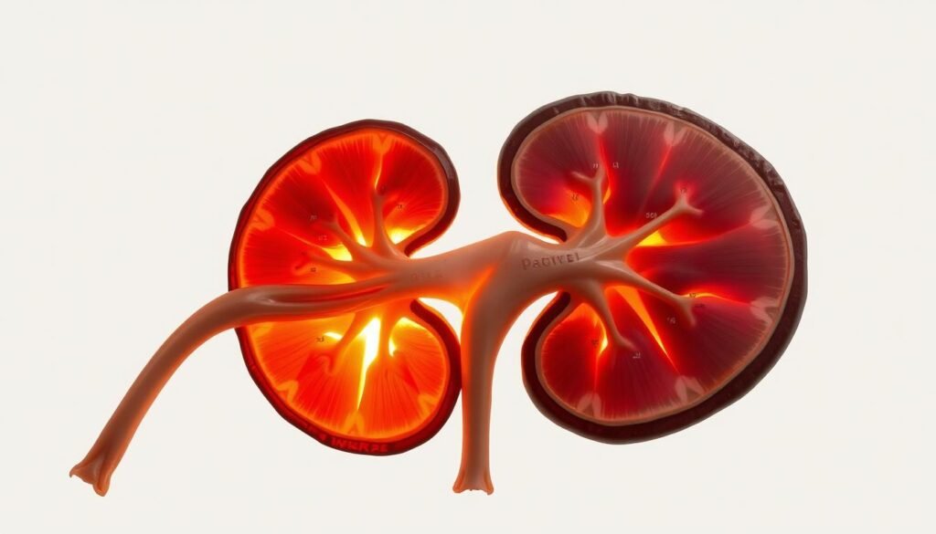 a highly specialized kidney of a desert-dwelling animal, shown in detailed cross-section view with labeled anatomical structures, illuminated by soft, warm lighting to emphasize the intricate adaptations that allow this organ to efficiently process and conserve water, set against a plain, neutral background to focus attention on the subject